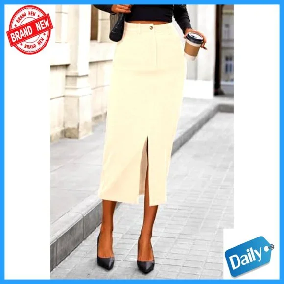 Corduroy Pencil Skirt High Waisted Midi Elegant Work Office Chic Fall Winter
